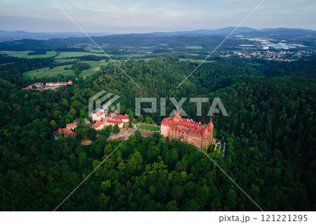 Aerial View of Historic Ksiaz Castle Surrounded by Forest Aerial View of Historic Ksiaz Castle Surrounded by Forest 121221295
