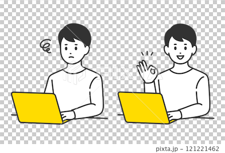 パソコンを見て悩む・OKサインのポーズをする若い男性のセット【人物ベクターイラスト素材】 パソコンを見て悩む・OKサインのポーズをする若い男性のセット【人物ベクターイラスト素材】 121221462