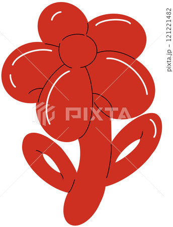 Balloon flower. Inflatable plant. Red Color glossy decorative rubber toy. Birthday celebration party festive y2k decor, children holidays, vector cartoon flat isolated illustration	 121221482