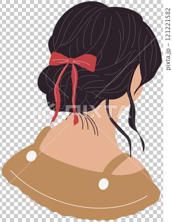 Ladies with various haircuts and accessories. Look from behind. Rear view. Women with styling and dressed in different clothes and collars. Heads and shoulders. Beauty trendy salon concept. 121221582