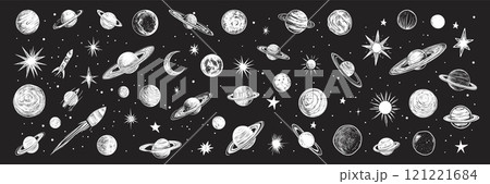 space doodle engraving. planets stars rockets monochrome hand drawn set, moon jupiter sun stars vector illustration 121221684