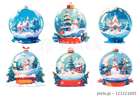 snow globes cartoon set. christmas ball , holiday winter decoration gift tree forest snowman pink castle toy decor vector illustration 121221685
