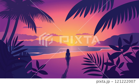 Back View of Woman Silhouette on the Beach Landscape with Tropical Plants and Sun at Sunrise Sunset Back View of Woman Silhouette on the Beach Landscape with Tropical Plants and Sun at Sunrise Sunset 121222007