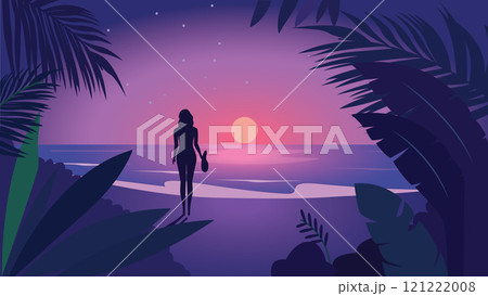 Back View of Woman Silhouette on the Beach Landscape with Tropical Plants and Sun at Sunrise Sunset 121222008