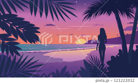 Back View of Woman Silhouette on the Beach Landscape with Tropical Plants and Sun at Sunrise Sunset Back View of Woman Silhouette on the Beach Landscape with Tropical Plants and Sun at Sunrise Sunset 121222012