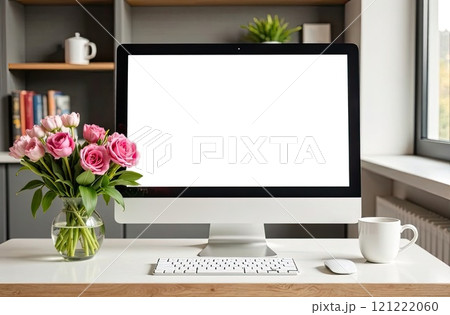 Computer Monitor with a white screen mock up on table in cozy home office with bouquet of spring flowers in vase on table And white cup of coffee. AI generated Computer Monitor with a white screen mock up on table in cozy home office with bouquet of spring flowers in vase on table And white cup of coffee. AI generated 121222060