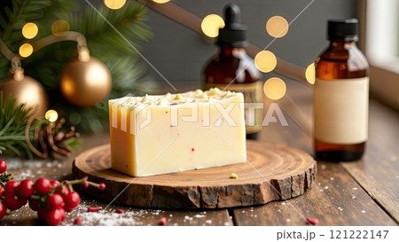 Handmade natural eco soap on table with bottles with aromatize, dye and soap base on Christmas background. Gift, present, craft for New Year and Christmas. Hobby soap making, home made. AI generated; 121222147
