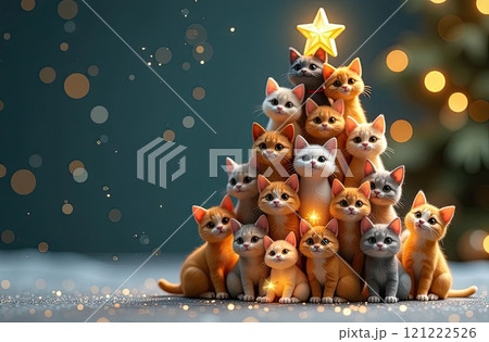 Cartoon Christmas tree from cats made against festive background with glitter, Multicolour hundreds cats stack in shape of tall Christmas tree with golden glowing garland lights. AI generated 121222526