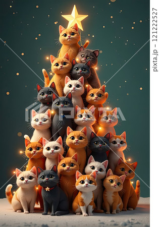 Cartoon Christmas tree from cats made against festive background with glitter, Multicolour hundreds cats stack in shape of tall Christmas tree with golden glowing garland lights. AI generated 121222527