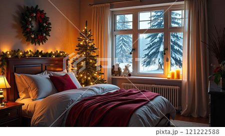 Cozy bedroom with a bed by window with Christmas decor and a Christmas tree and warm light garlands and candles - inside view in winter and snow. Celebrate Christmas and New Year, Christmas mood. AI 121222588