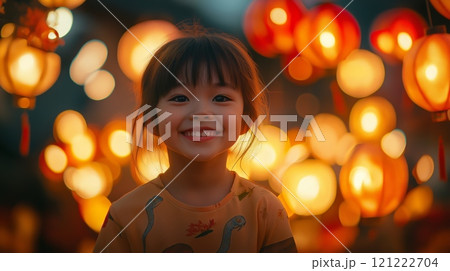 Smiling young Asian girl surrounded by glowing Chinese lanterns. Bright atmosphere of Lunar New Year 121222704