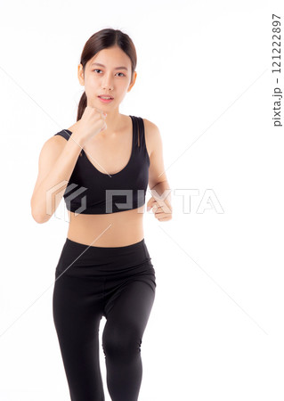 Portrait of beautiful young asian woman in sportswear jogging for workout isolated. Portrait of beautiful young asian woman in sportswear jogging for workout isolated. 121222897