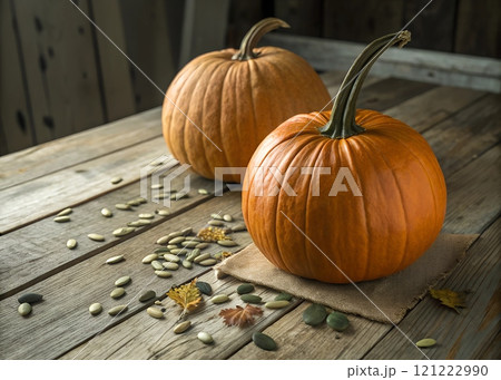 Two whole pumpkins on rustic wooden table with scattered seeds and leaves Two whole pumpkins on rustic wooden table with scattered seeds and leaves 121222990