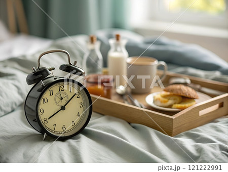 Cozy bed scene with alarm clock and breakfast tray in morning light Cozy bed scene with alarm clock and breakfast tray in morning light 121222991