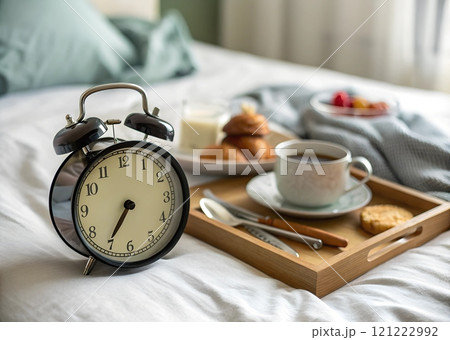 Delightful breakfast setting with an alarm clock on a cozy bed top Delightful breakfast setting with an alarm clock on a cozy bed top 121222992
