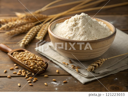 Bowl filled with wheat flour alongside grains on rustic wooden table 121223033