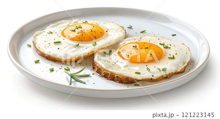 Breakfast dish featuring sunny side up eggs on a white plate with herbs 121223145