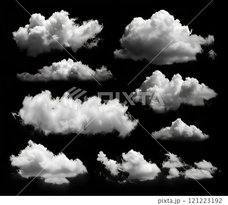 Various cloud formations against a black background creating diverse textures 121223192