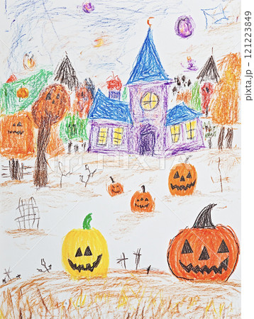 クレヨンで描いたハロウィンのかぼちゃとおばけ　AI画像 121223849