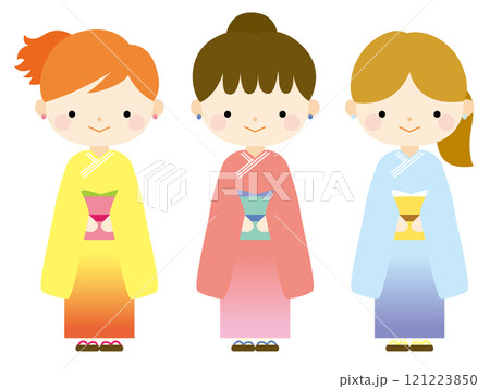 色違いの着物姿をした三人の女の子イラスト 121223850