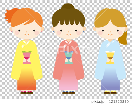 色違いの着物姿をした三人の女の子イラスト 121223850