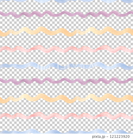 Horizontal wave colorful lines in watercolor seamless pattern isolated. Lines painted in shades of peach, pink, blue, and lavender for marine background. Rippled lines ornament in marine style. Horizontal wave colorful lines in watercolor seamless pattern isolated. Lines painted in shades of peach, pink, blue, and lavender for marine background. Rippled lines ornament in marine style. 121223920