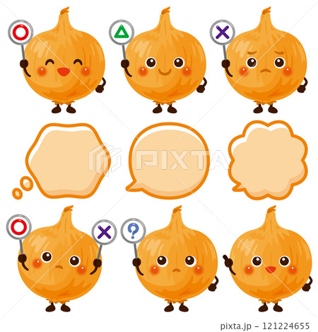 ○×△の札を持った玉ねぎのキャラクター 121224655