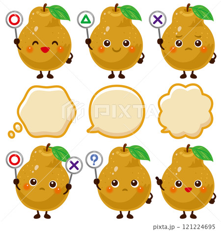 ○×△の札を持った茶色の洋梨のキャラクター 121224695