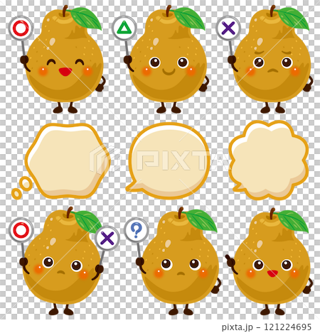 ○×△の札を持った茶色の洋梨のキャラクター 121224695