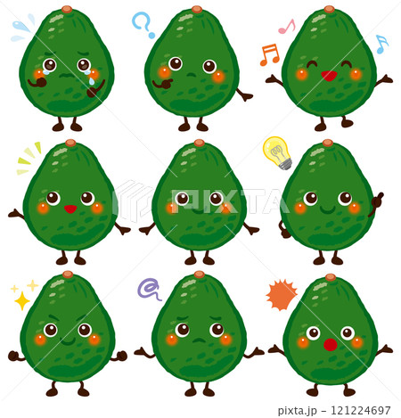 緑色のアボカドのキャラクター　表情セット 121224697