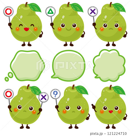 ○×△の札を持った緑色の洋梨のキャラクター 121224710