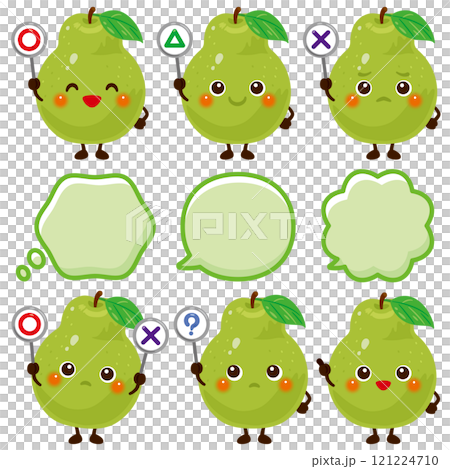 ○×△の札を持った緑色の洋梨のキャラクター 121224710