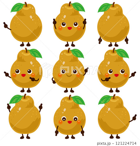 指さしをする茶色の洋梨のキャラクターセット 121224714
