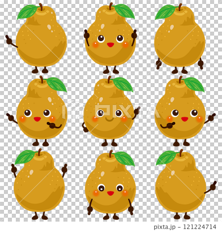 指さしをする茶色の洋梨のキャラクターセット 121224714
