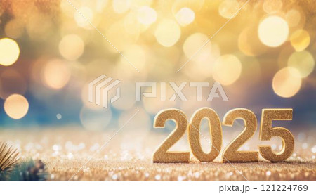 Christmas and New Year card. Number 2025 on holiday background. Christmas lights bokeh background. Holiday postcard. Happy New Year 2025 Card Concept. 121224769