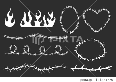 Neo tribal pink emo borders, barb wire and flame y2k aesthetic tattoo gothic, fire abstract silhouette isolated on background. Divider, border, cyber body ornament, neotribal web goth decoration 121224770
