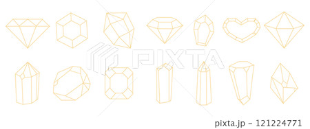 Crystal gemstone gold thin line polygon stone, contour gem, polyhedron. Elegant outline geometric quartz, jewel. Mineral linear icon. 121224771