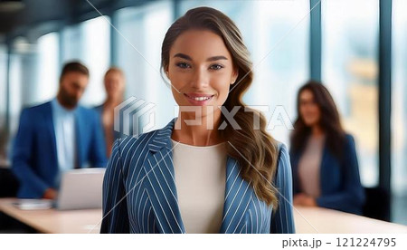 Smiling confident business leader looking at camera and standing in an office at team meeting. Portrait of confident businesswoman with colleagues in boardroom. 121224795