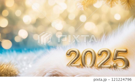 Christmas and New Year card. Number 2025 on holiday background. Christmas lights bokeh background. Holiday postcard. Happy New Year 2025 Card Concept. 121224796