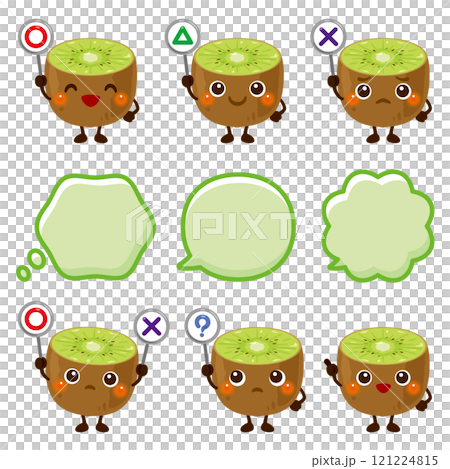 ○×△の札を持ったグリーンキウイのキャラクター 121224815