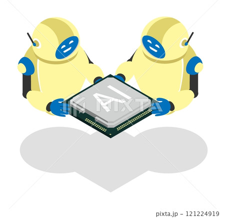Isometric advanced nano robots carry engineered microchip to train AI program. Automatic assembly and configuration of modern processors. 3D vector isolated on white background top view at an angle Isometric advanced nano robots carry engineered microchip to train AI program. Automatic assembly and configuration of modern processors. 3D vector isolated on white background top view at an angle 121224919