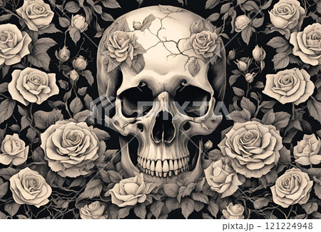 薔薇と髑髏のモノトーンな背景イラスト 薔薇と髑髏のモノトーンな背景イラスト 121224948