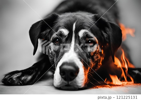 燃えている悲しそうな顔をした犬 121225131