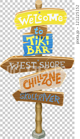 Directional wooden signpost arrows in a traditional Hawaiian style 121225152