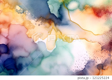 Abstract bright watercolor texture with multicolored spots, swirls, waves, fluid art painting 121225224