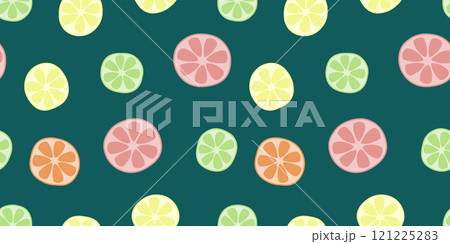 Citrus fruits seamless pattern. Bright colorful endless background with grapefruit, orange, lemon, and lime 121225283