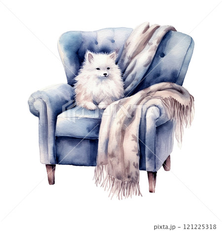 Watercolor white dog in a soft blue vintage armchair with a blanket, isolated on white background 121225318