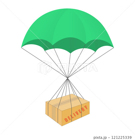 Contactless delivery of box with parachute color illustration. Isolated icon on white background. Contact free delivery 121225339