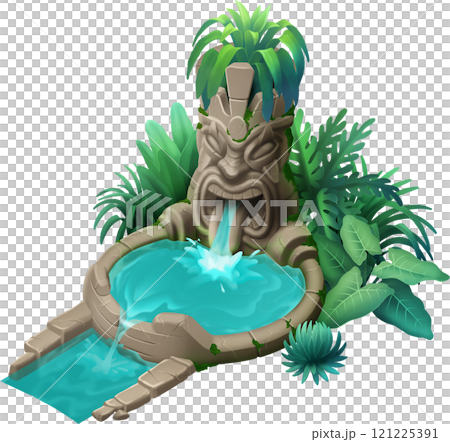 An ancient fountain shaped like a tiki head sculpture An ancient fountain shaped like a tiki head sculpture 121225391