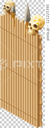 Stylized bamboo fence decorated with skulls and spearheads. Stylized bamboo fence decorated with skulls and spearheads. 121225393